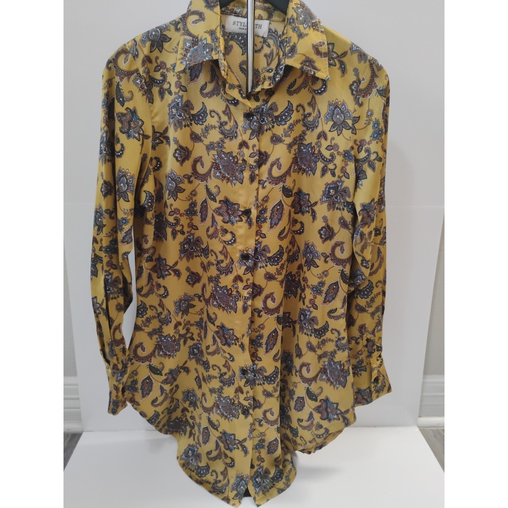 Stylsmith Xtra Long Button‎ Down Ladies Print Top Fall Colors Sz S